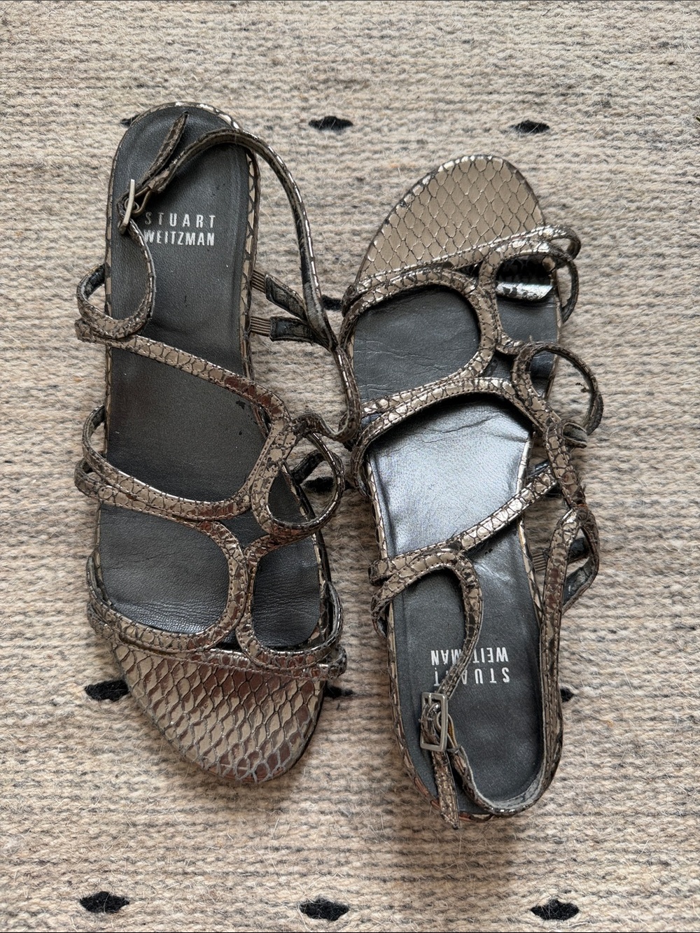 Stuart Weitzman Metallic Snakeskin Strappy Flat Sandals